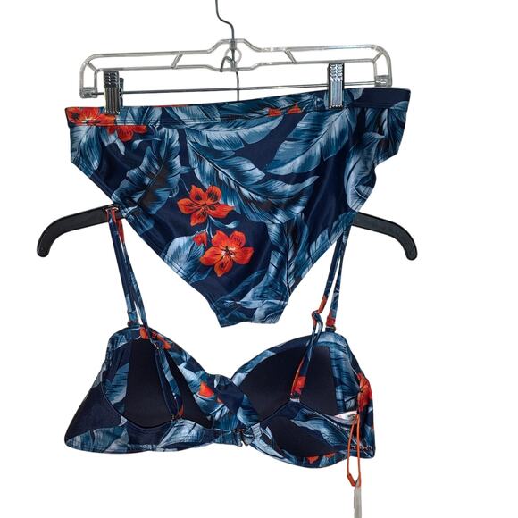 Tropical Floral Bikini Set Sz 12 Two Piece Swimsuit Navy Orange Leaf Floral - Picture 10 of 16